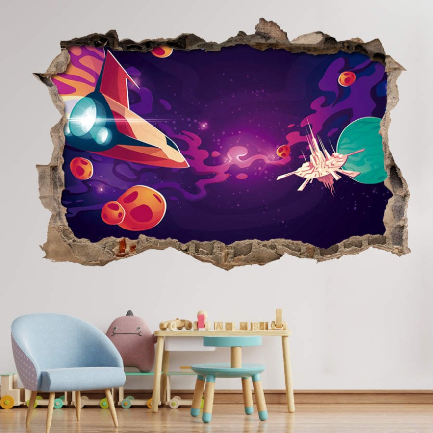 Pared Rota Vinilo 3D Infantil Nave y estación espacial